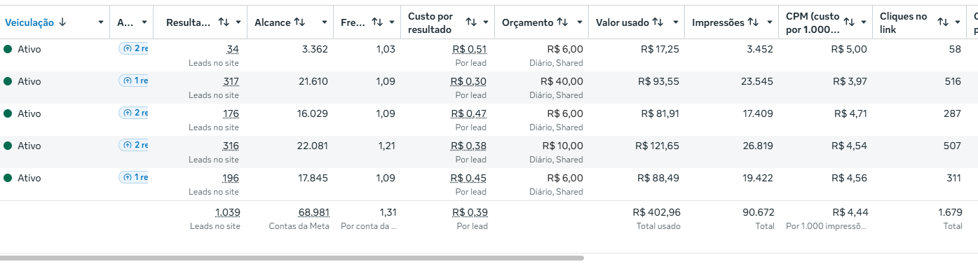 Meta Ads — 1.039 leads a R$0,39 médio